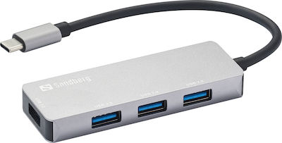 Sandberg Saver USB 3.0 Hub 4 Porturi cu conexiune USB-C Gri