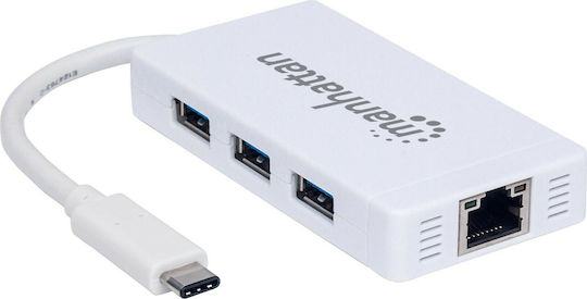 Manhattan USB-ETGIGA-3UC Hub 3 Ports USB 3.0 with USB-C Connection Ethernet White