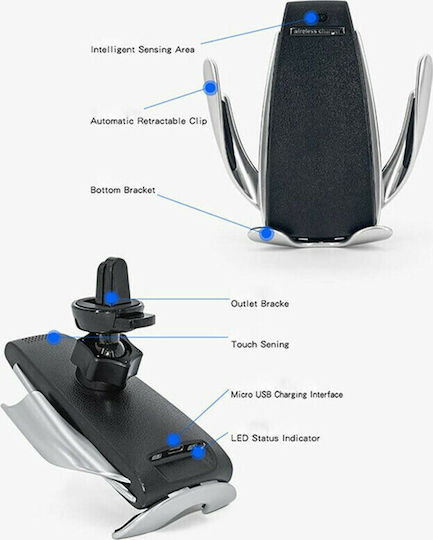 Rock Βάση Κινητού Αυτοκινήτου S5 Wireless Charging Mount με Ρυθμιζόμενα Άγκιστρα και Ασύρματη Φόρτιση