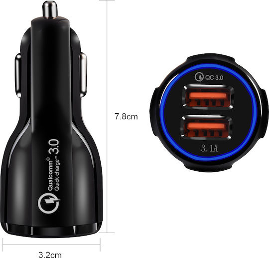 Lamtech Φορτιστής Αυτοκινήτου 30W 3.1A Γρήγορης Φόρτισης με Θύρες: 2xUSB Μαύρος