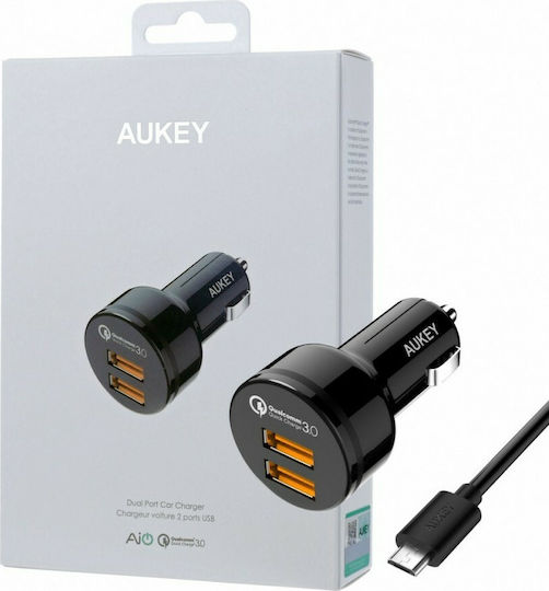 Aukey CC-T8 Car Charger 36W 3A Fast Charging with 2 USB Ports Micro-USB Cable Black Color