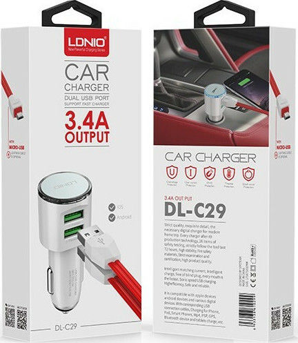 Ldnio DLC29 Автомобилен Зарядно Устройство 3.4A с Портове 2xUSB-A Бял Цвят