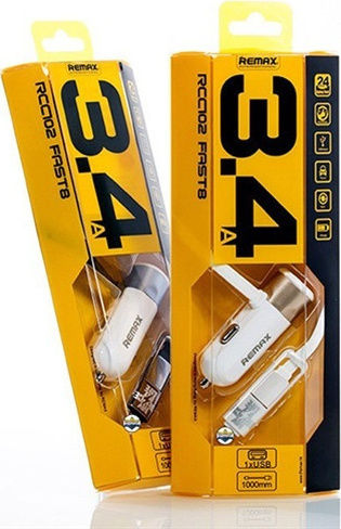 Remax RCC-102 Φορτιστής Αυτοκινήτου 3.4A με μία Θύρα: 1xUSB μαζί με Καλώδιο Lightning / Micro-USB Μαύρο Χρώμα