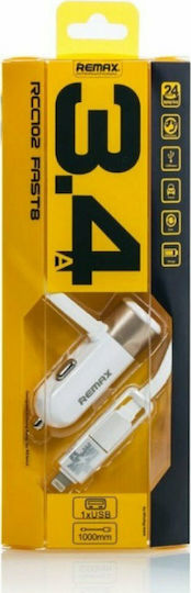 Remax RCC-102 Φορτιστής Αυτοκινήτου 3.4A με μία Θύρα: 1xUSB μαζί με Καλώδιο Lightning / Micro-USB Μαύρο Χρώμα