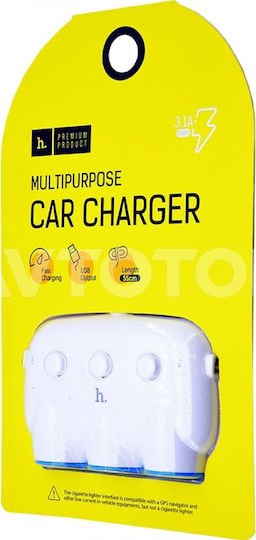 Hoco C1 Auto-Ladegerät 15.5W 3.1A mit Anschlüssen: 3xZigarettenanzünder mit Kabel Eingebettet Weiß Farbe