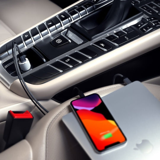 Satechi Auto-Ladegerät 72W 3A mit Anschlüssen: 1xUSB 1xType-C mit Kabel Typ-C,TC-TC Silber Farbe