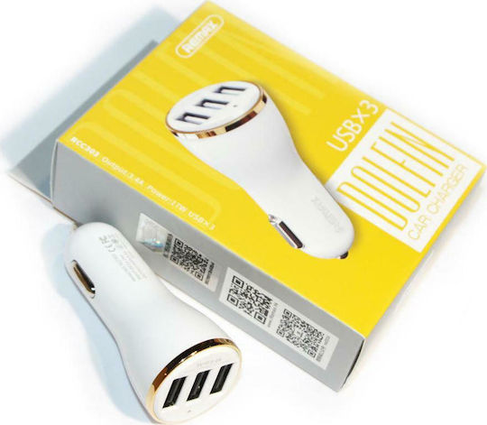 Remax RCC-303 Încărcător Auto 17W 3.4A cu Porturi: 3xUSB Alb Culoare