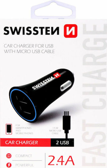 Swissten Auto-Ladegerät 18W 2.4A mit Anschlüssen: 2xUSB mit Kabel Mikro-USB Schwarz Farbe