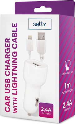 Setty Car Charger White Total Intensity 2.4A with a Port USB with Cable Lightning