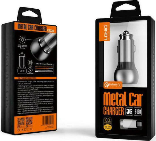 Ldnio C503Q Car Charger 36W 3A Fast Charging with Ports 2xUSB-A along with Micro-USB Cable Grey Color