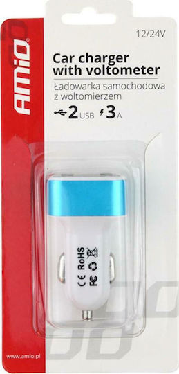 AMiO Car Charger 3A with Ports: 2xUSB and Voltmeter White Color