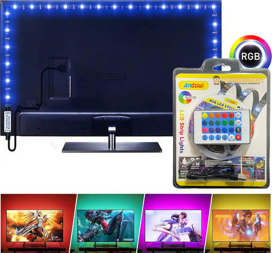 Andowl Αδιάβροχη Ταινία LED USB 5V RGB Φως 2m Τύπου SMD5050 με Τροφοδοτικό & Τηλεχειριστήριο
