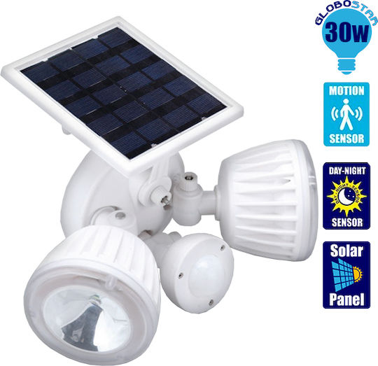 GloboStar Στεγανός Ηλιακός Προβολέας LED 30W Ψυχρό Λευκό 6000K με Αισθητήρα Κίνησης και Φωτοκύτταρο IP65