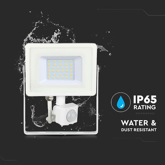 V-TAC Στεγανός Προβολέας LED 30W Ψυχρό Λευκό 6400K με Αισθητήρα Κίνησης IP65