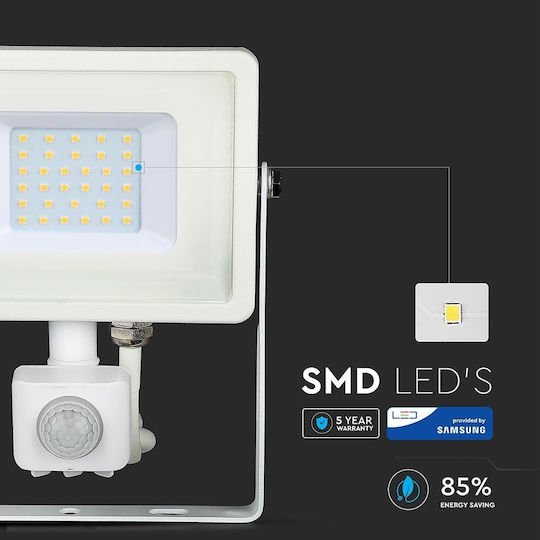 V-TAC Στεγανός Προβολέας LED 30W Ψυχρό Λευκό 6400K με Αισθητήρα Κίνησης IP65
