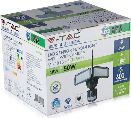 V-TAC Waterproof LED Flood Light 18W Cold White 6000K WiFi with Motion Sensor IP65