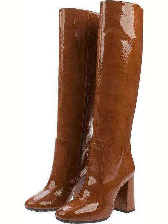 Damenstiefel aus Lackleder mit hohem Absatz Tabac Braun