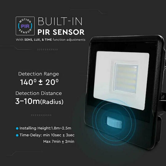 V-TAC Waterproof LED Floodlight 20W Natural White 4000K with Motion Sensor IP65