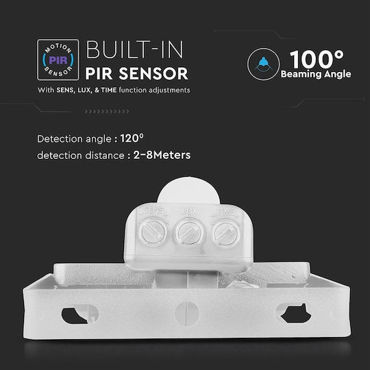 V-TAC Proiector LED Etanș 10W Alb Rece 6400K Cu Senzor De Mișcare IP65