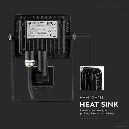 V-TAC VT-10-S Wasserdichtes LED Flutlichter 10W Kaltweiß 6400K mit Bewegungssensor IP65