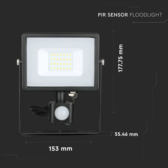 V-TAC Στεγανός Προβολέας LED 20W Θερμό Λευκό 3000K με Αισθητήρα Κίνησης IP65
