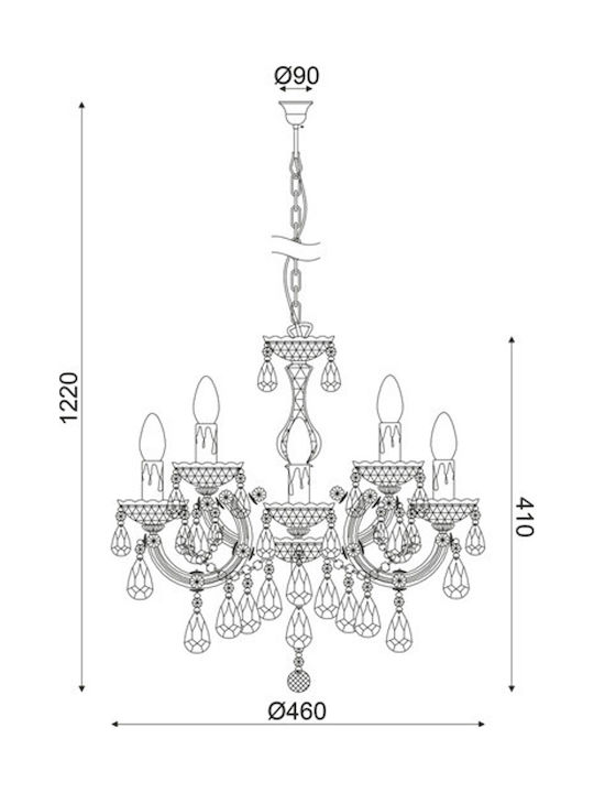 Aca Nefertiti Πολυέλαιος 5xE14 Ø46cm με Κεράκια Χρυσός SF3505PAM