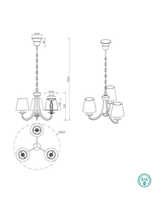Trio Lighting Cortez Πολυέλαιος 3xE14 Ø66cm με Καπέλα Γκρι 110600378