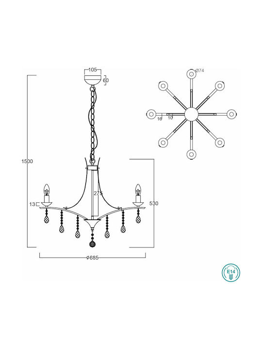 Trio Lighting Lucerna Kronleuchter 8xE14 Ø6cm mit Kerzen Silber 101600806