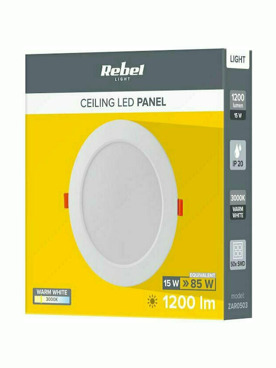 Rebel Rund Vertieft LED Panel 15W mit Warmes Weiß Licht 3000K