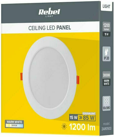 Rebel Rund Vertieft LED Panel 15W mit Warmes Weiß Licht 3000K