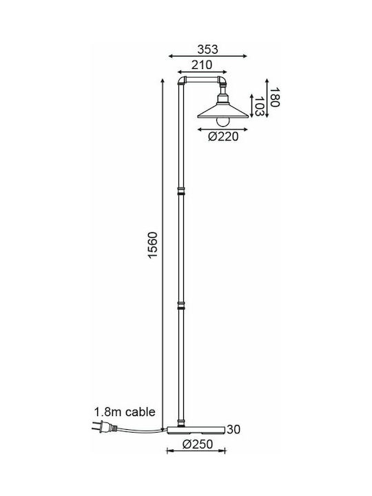 Aca Oglindă vintage Lampa de podea Î156xL25cm. cu Soclu pentru Bec E27 Negru