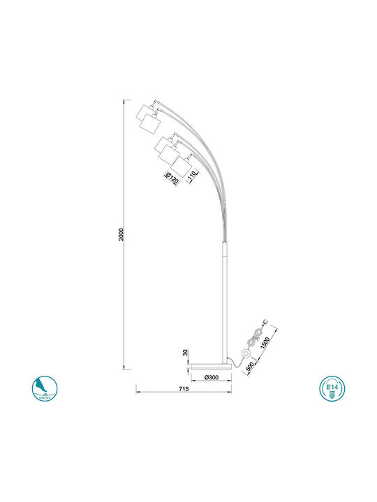 Trio Lighting Tommy Lampa de podea Î200xL30cm. cu Soclu pentru Bec E14 Negru