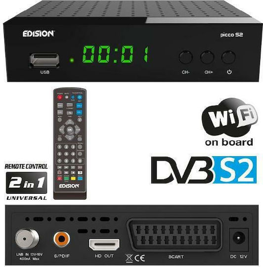 Edision Satellite Decoder Picco S2 01-07-0019 Full HD (1080p) DVB-S2 with PVR Recording Function and Built-in Wi-Fi in Black Color