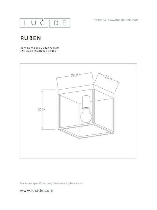 Lucide Lightning Ruben Ceiling Mount Light 22cm Black with Socket E27