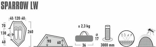 High Peak Sparow LW 2 Camping Tent Tunnel Khaki with Double Cloth 4 Seasons for 2 People Waterproof 3000mm 260x200x90cm