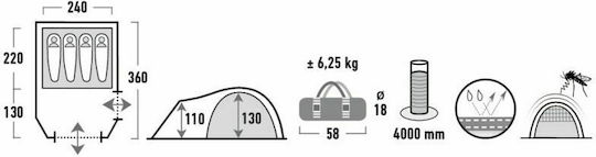 High Peak Mesos 4 Winter Camping Tent Tunnel Black with Double Cloth for 4 People Waterproof 4000mm 360x240x130cm