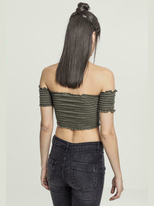 Urban Classics TB2223 pentru Femei de Vară Crop Top Bluză cu umerii goi cu Mâneci Scurte Olive