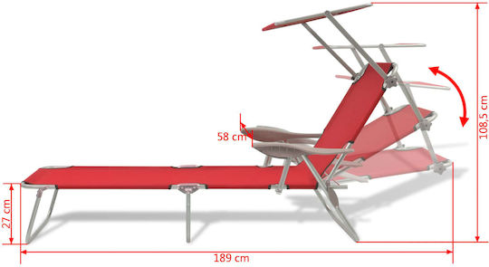 vidaXL Șezlong de plajă Roșu Pliabil Oțel cu Parasolar 189x58x27cm