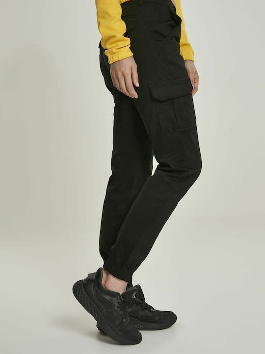 Women's High-waisted Fabric Cargo Trousers with Elastic Black