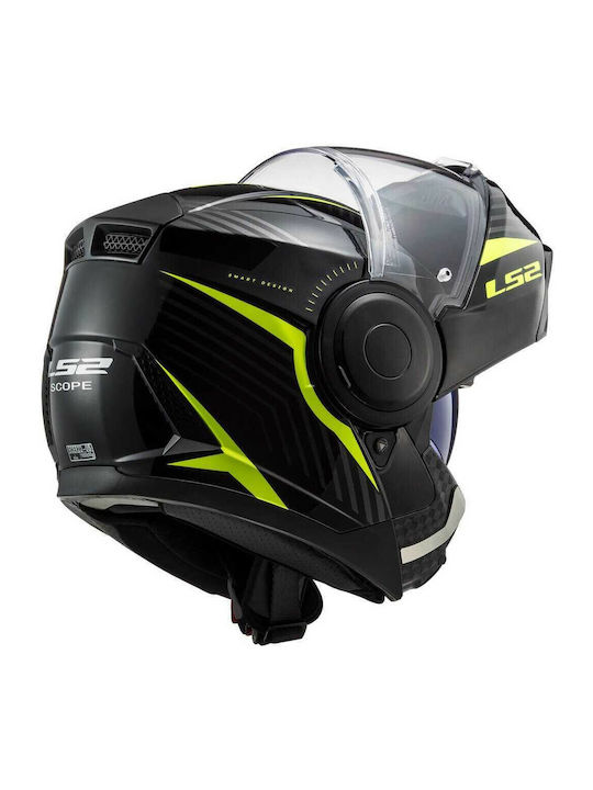LS2 Scope FF902 Skid Black Hi-Vis Yellow Motorcycle Helmet Flip-Up ECE 22.05 1650gr with Sunvisor