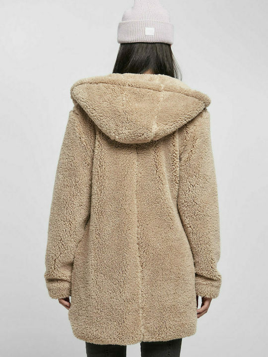 Urban Classics Sherpa Γυναικείο Soft Taupe Παλτό με Κουκούλα