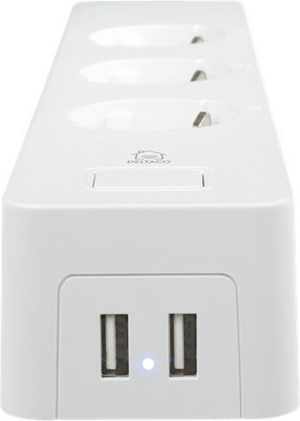 Deltaco Smart Steckdosenleiste 3 Positionen mit 2 USB-A, Schalter und Kabel 1.5m