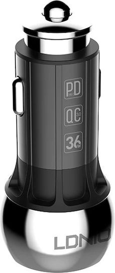 Ldnio C1 PD Dual USB 36W and Lightning Car Charger 36W Fast Charging with 2 USB Ports along with Lightning Cable Grey Colour