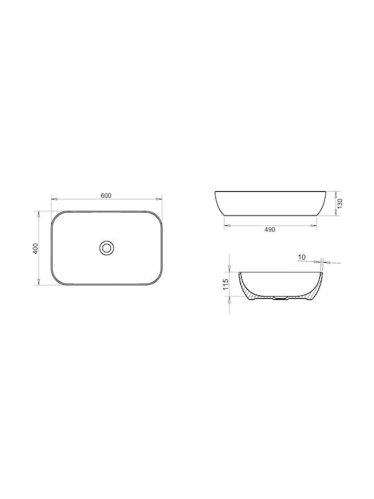 Tema LOF060 Aufsatzwaschbecken Porzellan 60x40x13cm White Matt