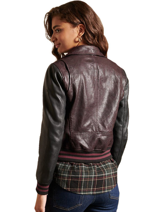 Superdry Women's Short Biker Leather Jacket for Spring or Autumn Wine
