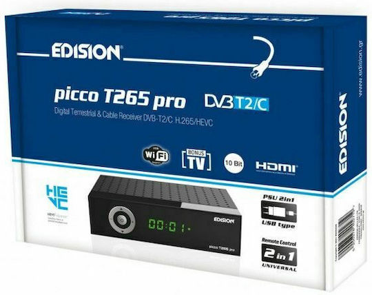 Edision Picco T265 Pro 01-07-0027 Mpeg-4 Digital Receiver Full HD (1080p) with PVR (Record to USB) Function Connections SCART / HDMI / USB