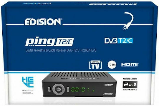 Edision Ping T2/C Ψηφιακός Δέκτης Mpeg-4 Full HD (1080p) με Λειτουργία PVR (Εγγραφή σε USB) Σύνδεσεις SCART / HDMI / USB