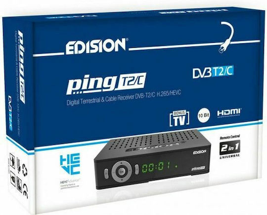 Edision Ping T2/C Ψηφιακός Δέκτης Mpeg-4 Full HD (1080p) με Λειτουργία PVR (Εγγραφή σε USB) Σύνδεσεις SCART / HDMI / USB
