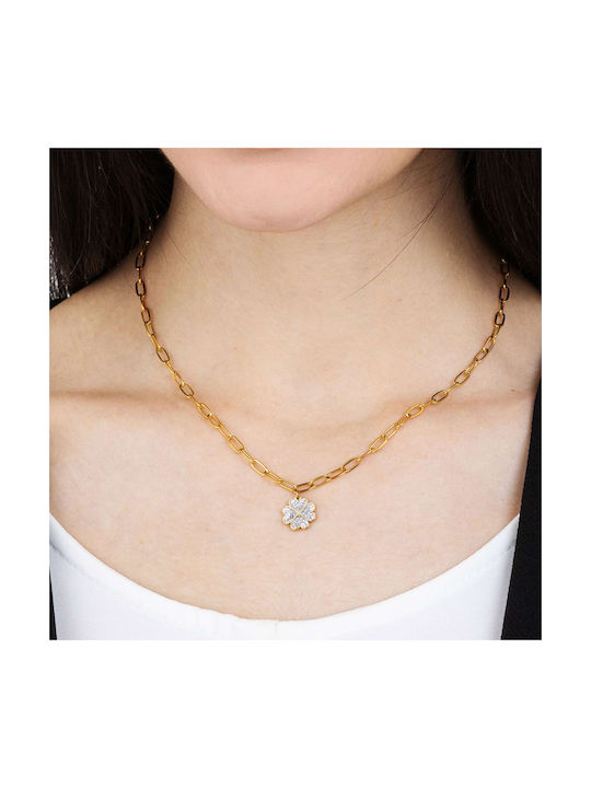 Luca Barra Necklace with design Flower from Gold Plated Steel with Zircon