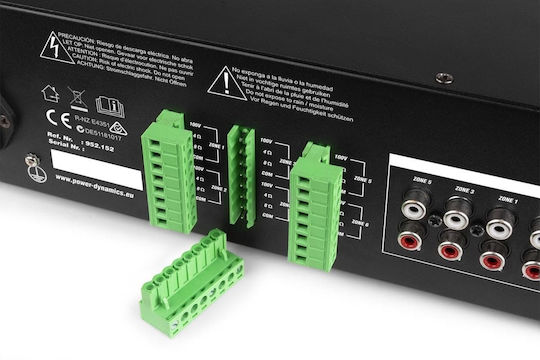 Power Dynamics PRM606 Matrix Интегриран Търговски усилвател с 6 зони 60W/100V и USB/Bluetooth връзки в Черен цвят